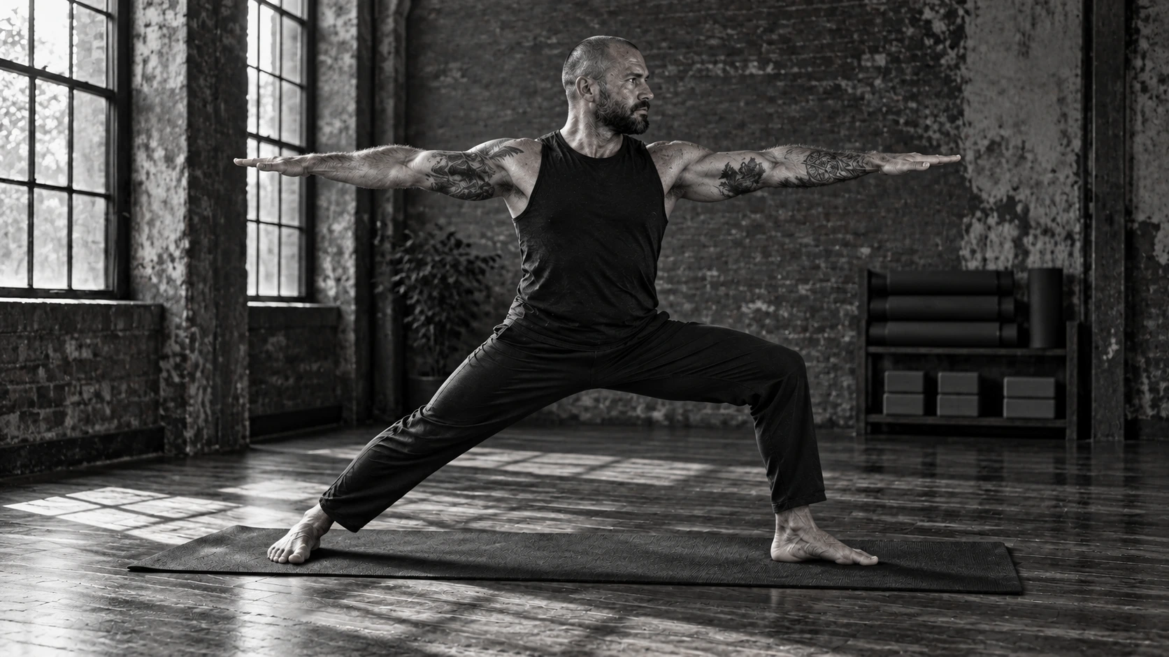 A muscular, tattooed man holds Warrior II pose on a mat in a brick-walled yoga studio.