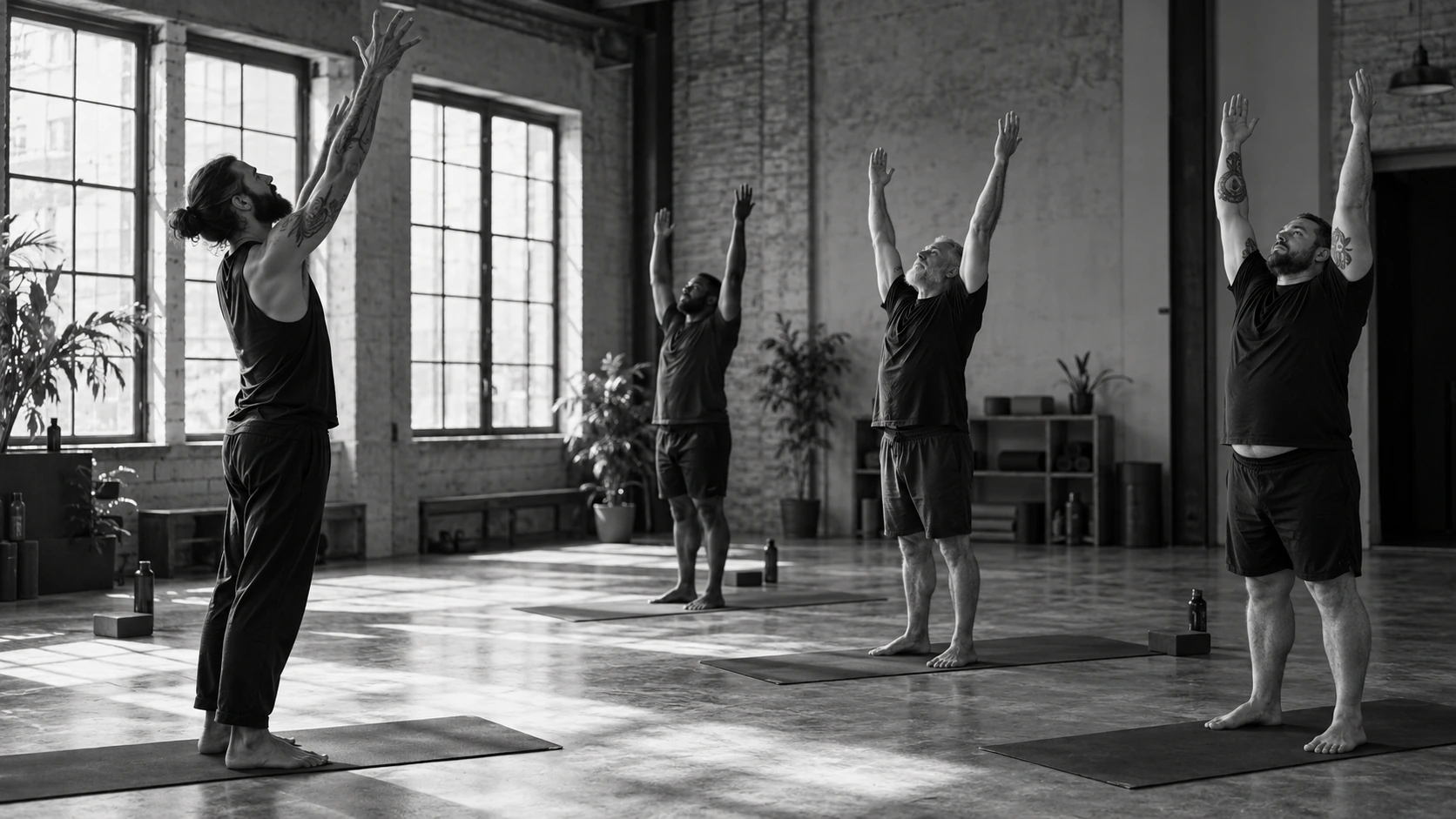 Men follow an instructor through a standing stretch in a yoga class.