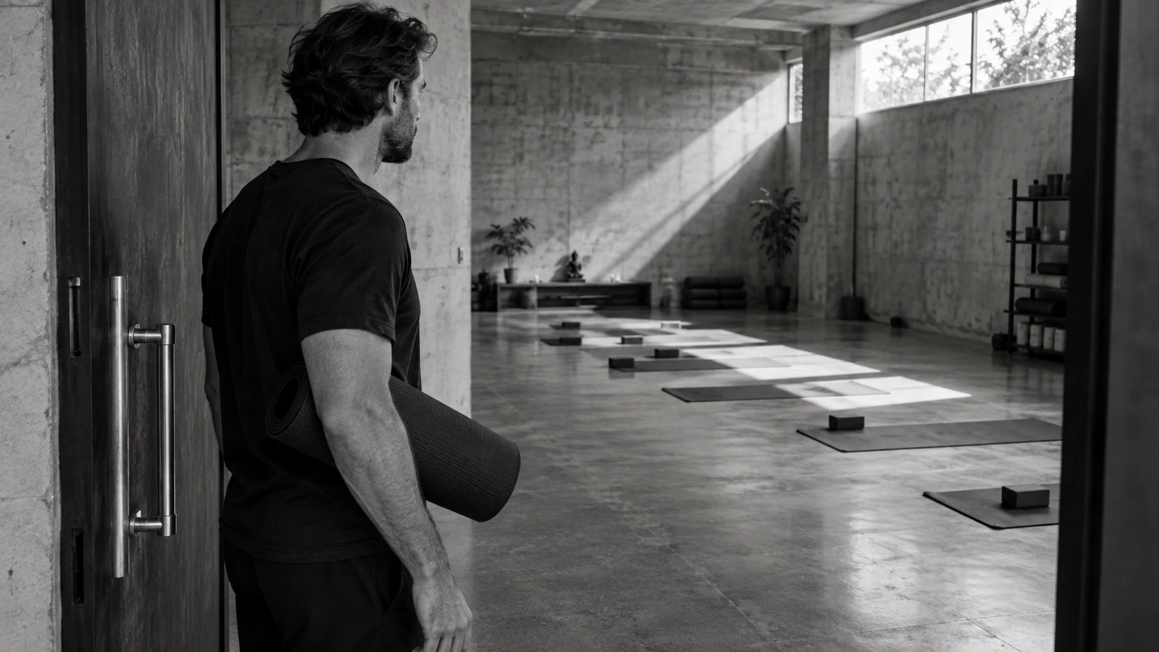 A man arrives at a yoga studio carrying a rolled mat.