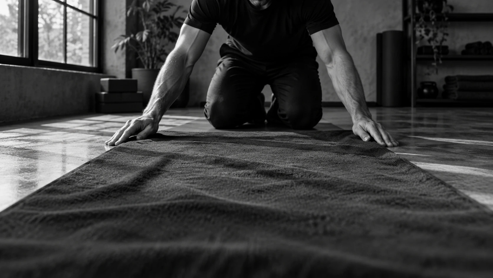 A man kneels and smooths a yoga towel over his mat before practice.