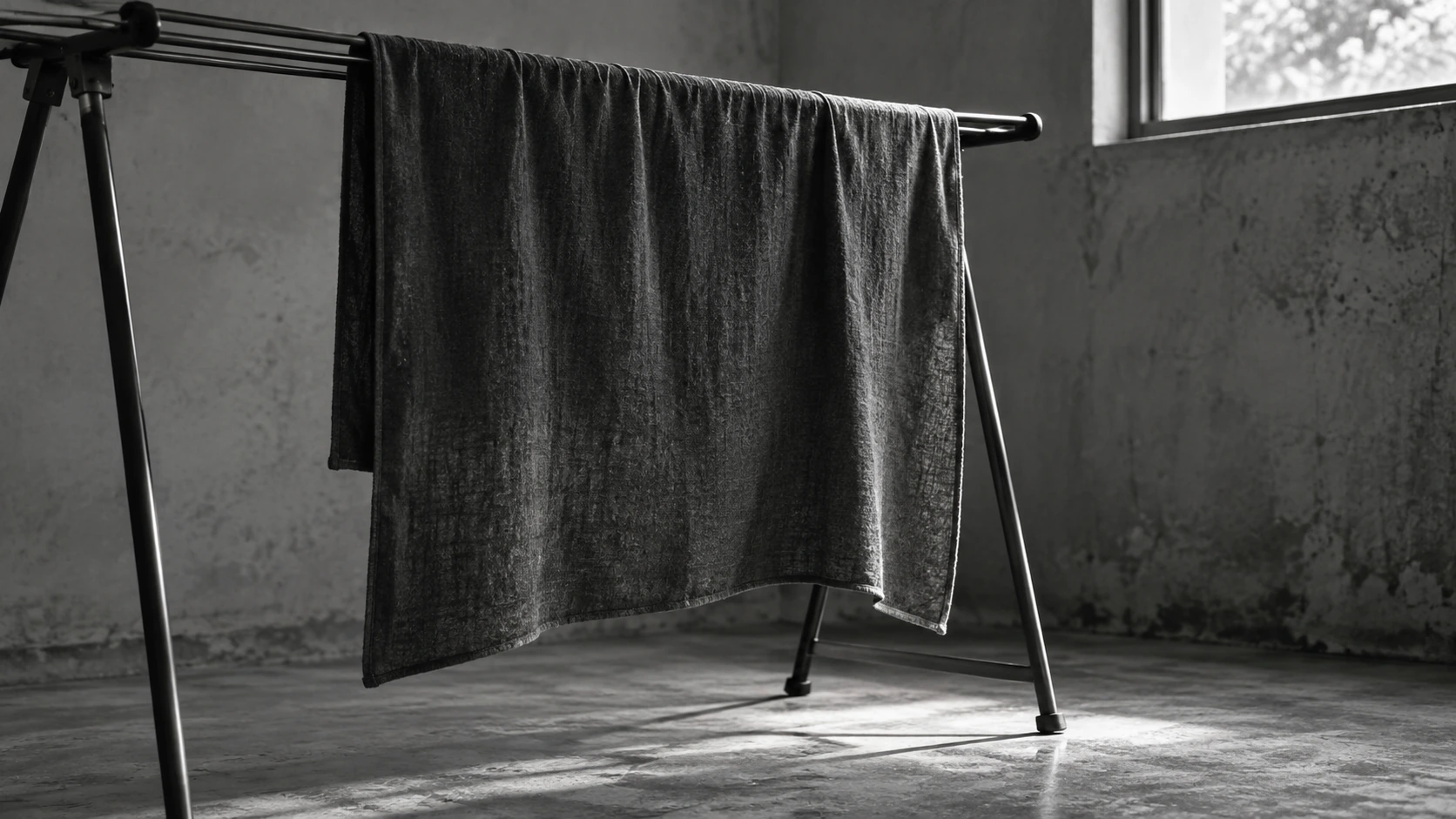 A dark yoga towel hangs over a drying rack beside a window.