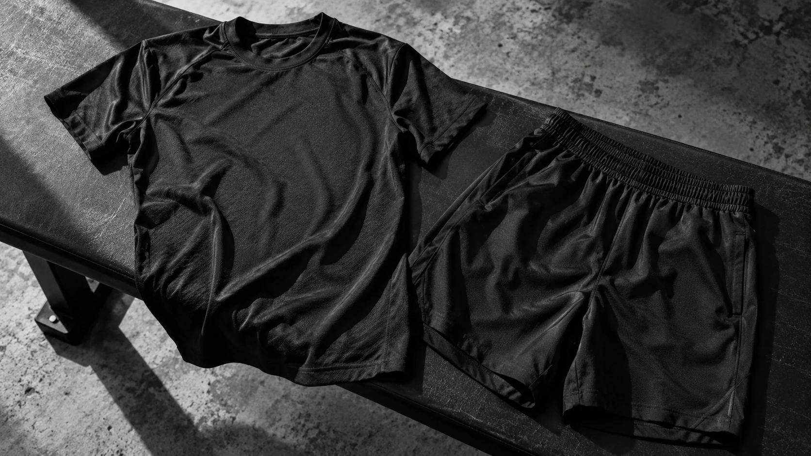 A black T-shirt and shorts laid out on a wooden bench.
