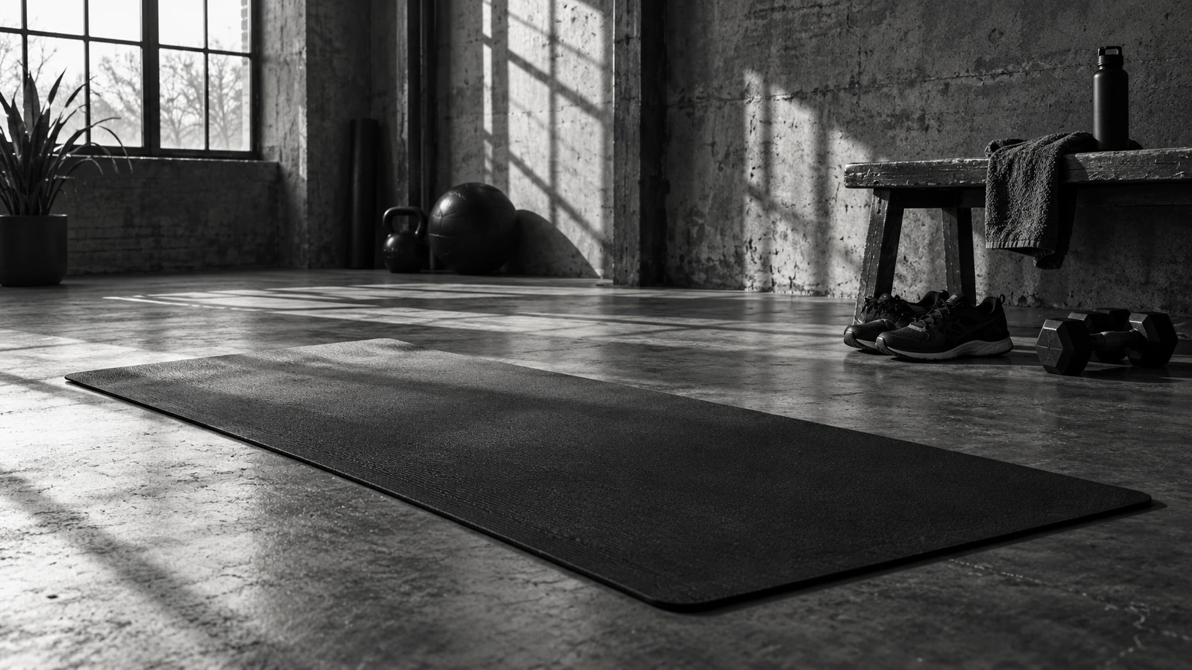 An unrolled yoga mat in a training room, with running shoes and dumbbells beside a bench.