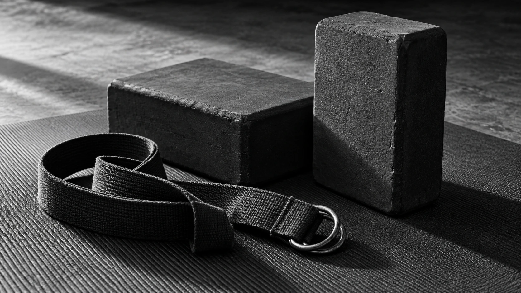 Two yoga blocks and a woven strap with metal D-rings on a mat.