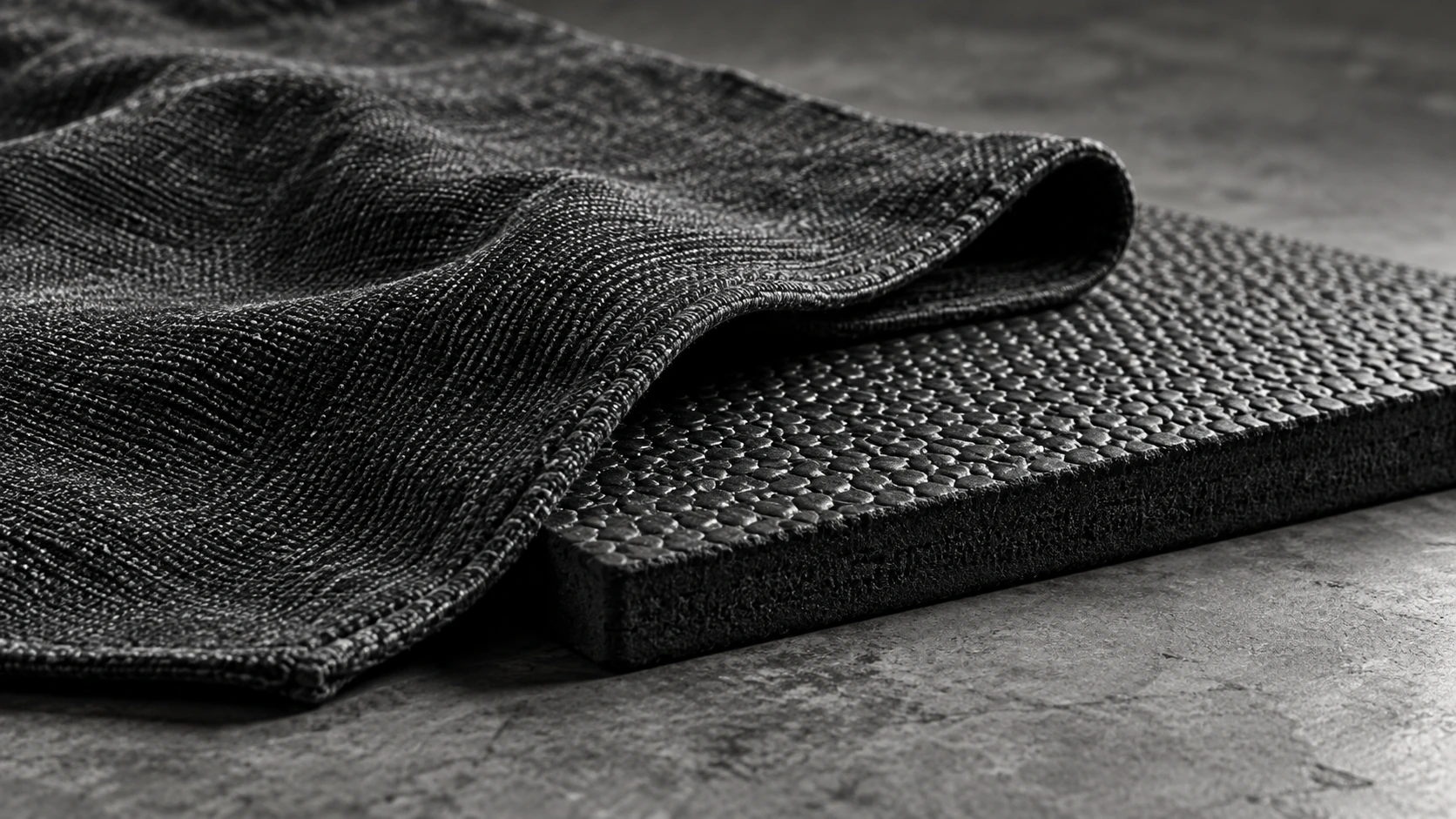 A close-up of woven yoga towel fabric folded over a textured yoga mat.