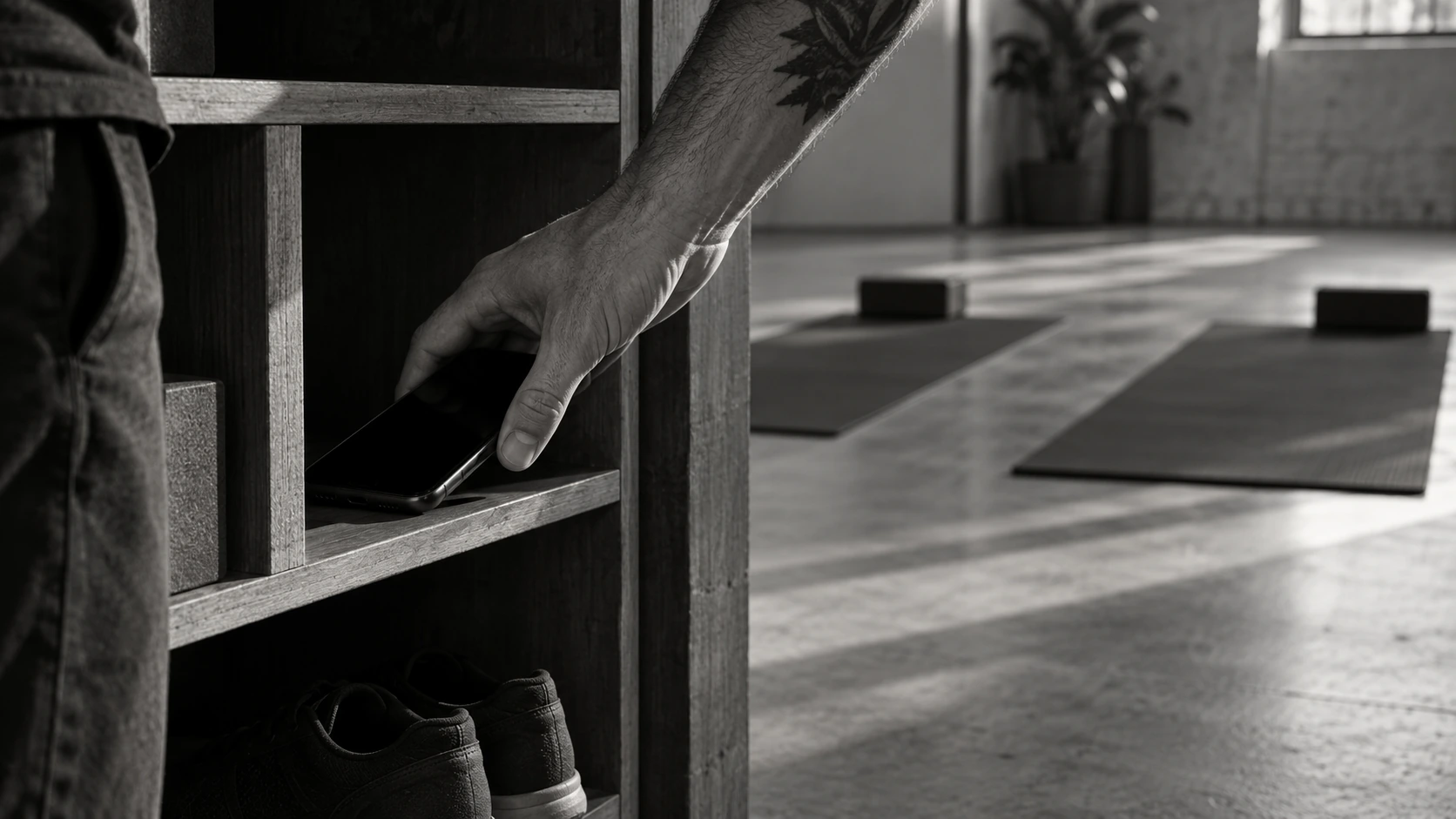 A man puts his phone into a studio cubby, with shoes stored below.